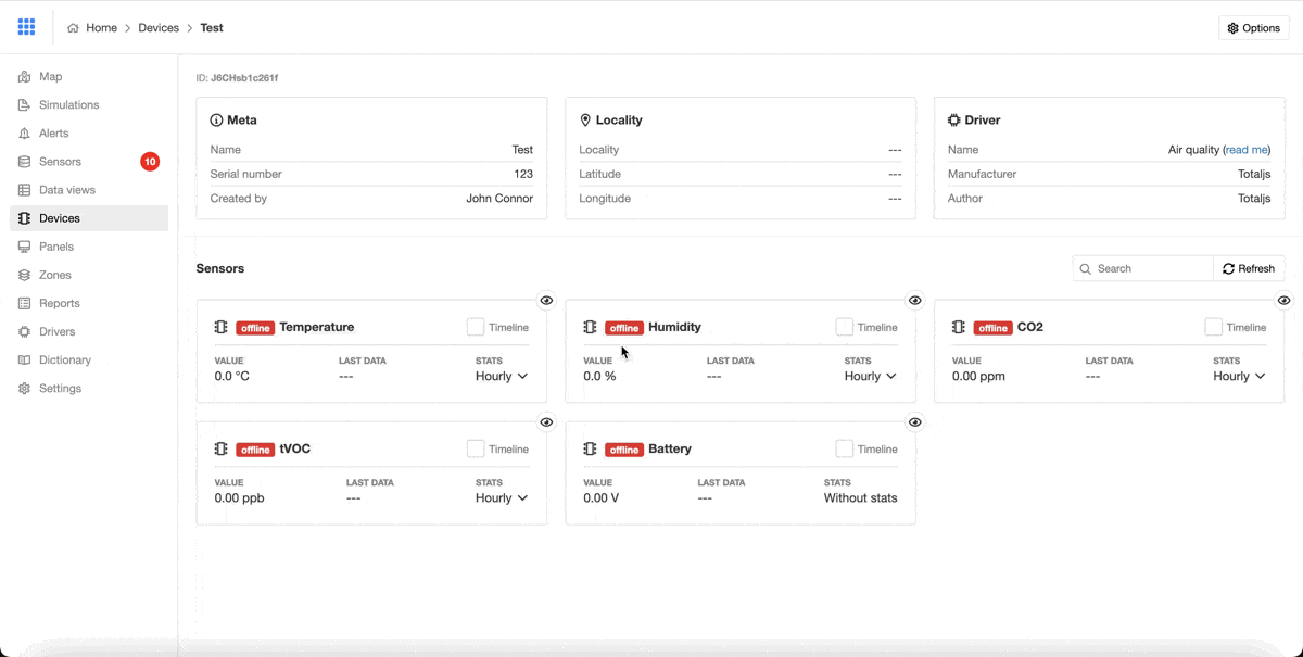 Preview of the Sensors section